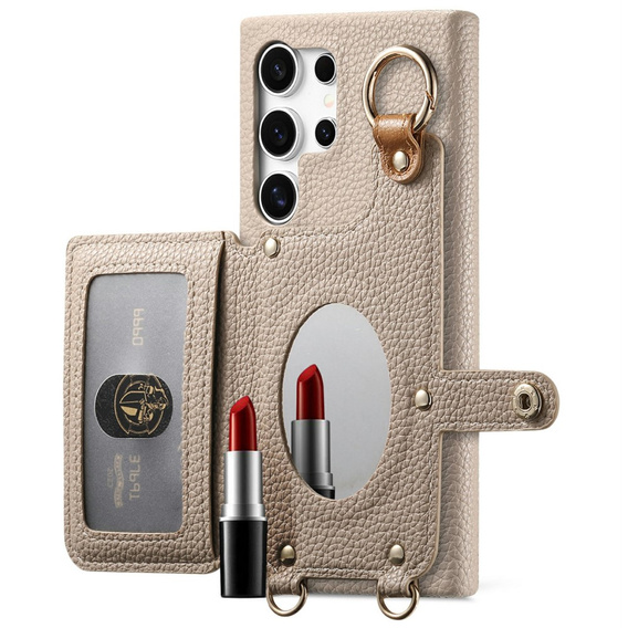 Etui do Samsung Galaxy S25 Ultra – z klapką, paskiem i kieszenią, beżowe