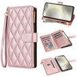 Etui z klapką do Samsung Galaxy A56 5G, Rhombus Crossbody Leather, różowe rose gold