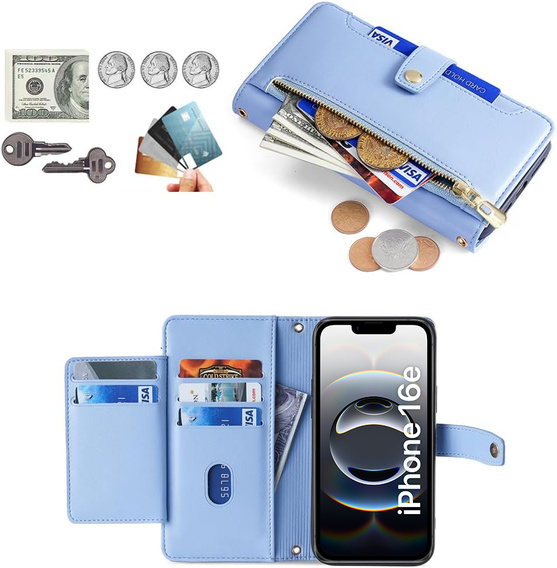 Etui z klapką do iPhone 16E, Wallet Zipper Pocket, niebieskie