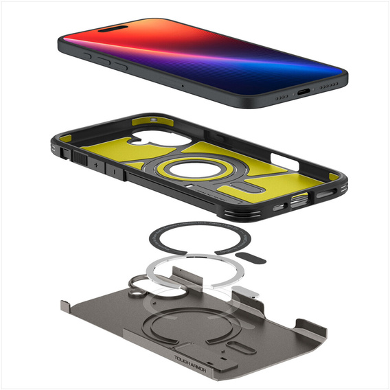 Etui Spigen do iPhone 16, Tough Armor Mag MagSafe, szare + Szkło Hartowane 9H