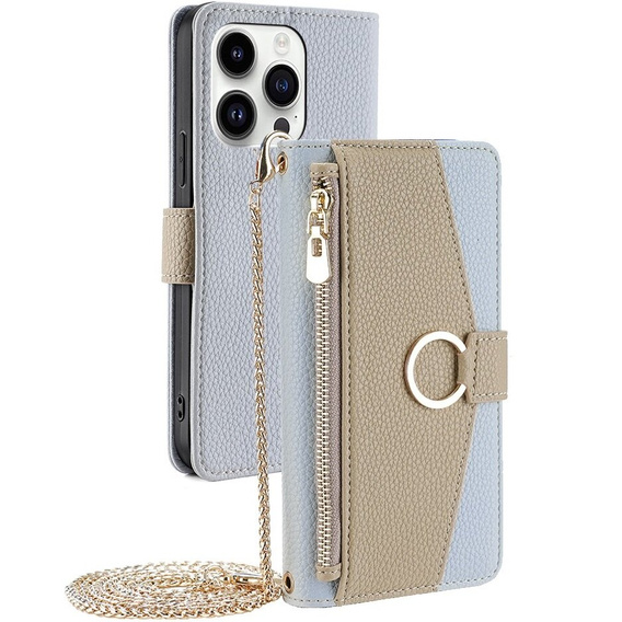 Etui z klapką do iPhone 14 Pro, Wallet Zipper Pocket, z lusterkiem, niebieskie