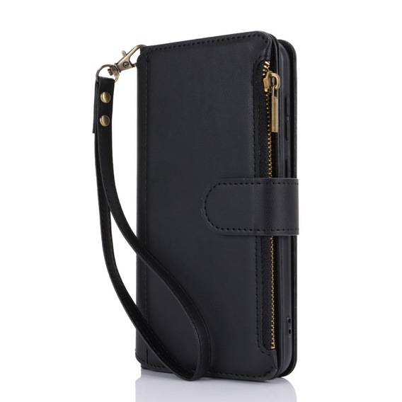Etui z klapką do Samsung Galaxy S24, Wallet Zipper Pocket RFID, z paskiem na ramię, czarne