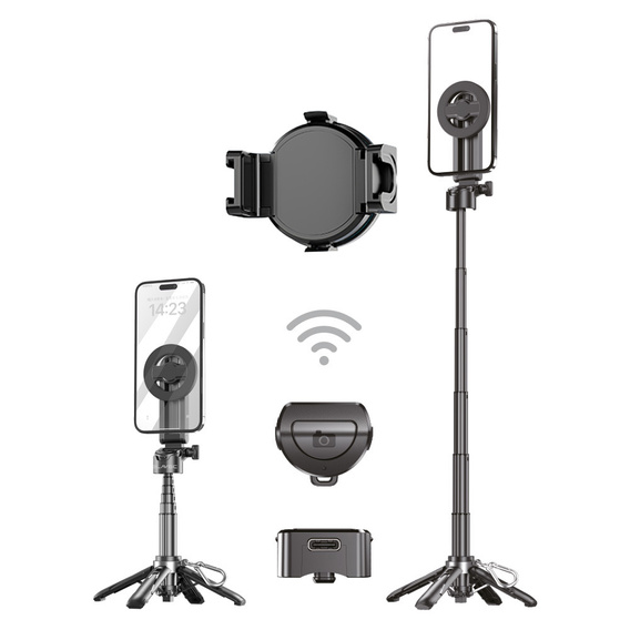 Selfie Stick Aluminium z funkcją statywu i pilotem Bluetooth, do smartfonów