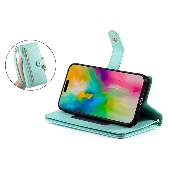 Etui z klapką do iPhone 16 Pro, Wallet Zipper Pocket, zielone