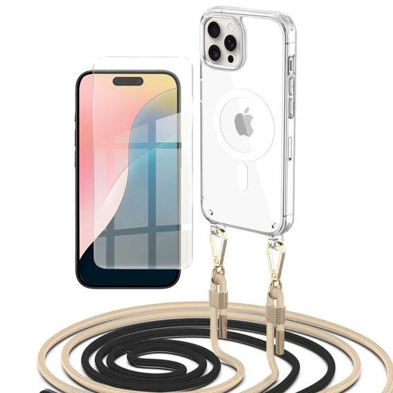 Etui ze smyczą do iPhone 16 Pro, ERBORD MagSafe, przezroczyste + Szkło na ekran