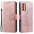 Zestaw Etui do Samsung Galaxy A14 4G/5G, portfel ze wzorem Mandala z klapką, rose gold różowe + szkło