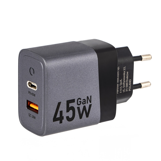 Szybka Ładowarka Sieciowa USB-A / USB-C 3A Forcell 45W PD QC 4.0, szara do Galaxy S23 S24 Ultra