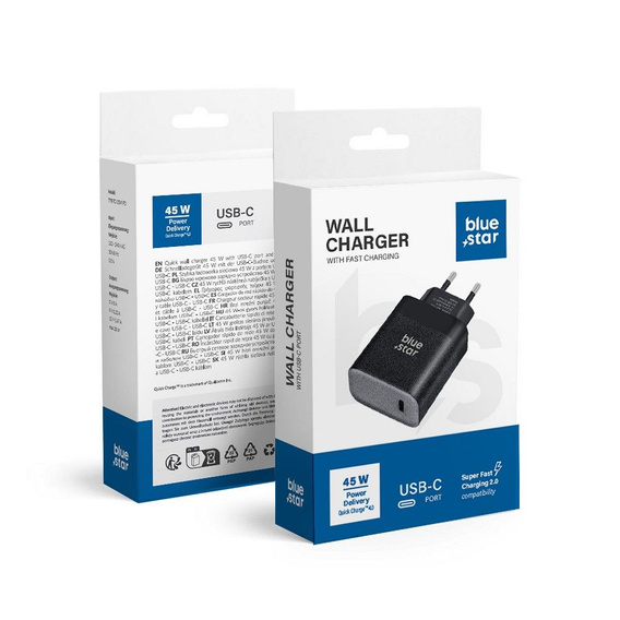Ładowarka sieciowa Blue Star 3A 45W, USB-C, Czarna