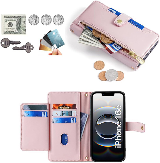 Etui z klapką do iPhone 16E, Wallet Zipper Pocket, różowe
