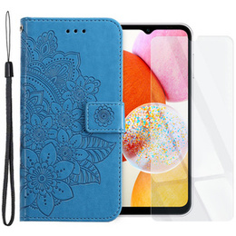 Zestaw Etui z klapką do Samsung Galaxy A14 4G/5G, portfel Mandala i kwiaty, niebieskie + szkło