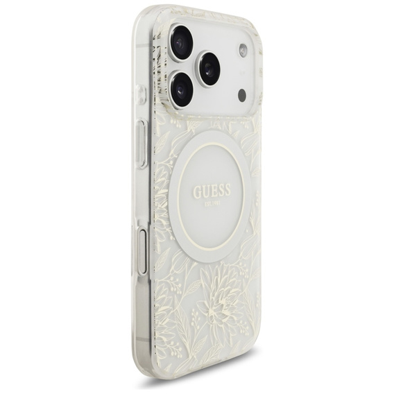 Etui Guess IML Flowers Electroplated Allover With Beads Strap, do MagSafe, z paskiem do iPhone 17 Pro
