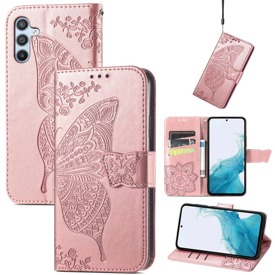 Etui z klapką do Samsung Galaxy A17 5G, portfelowe, Motyl, różowe rose gold