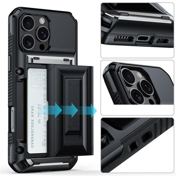 Etui pancerne TPU + PC z miejscem na kartę czarne do iPhone 16 Pro Max