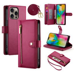 Etui z klapką do iPhone 16 Pro, Wallet Zipper Pocket, czerwone