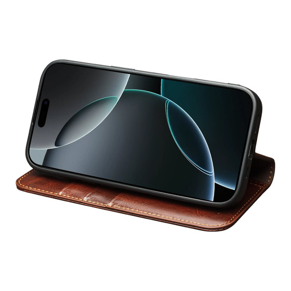 Etui ze skóry z klapką QIALINO Genuine Cow Leather do iPhone 17 Pro Max, brązowy
