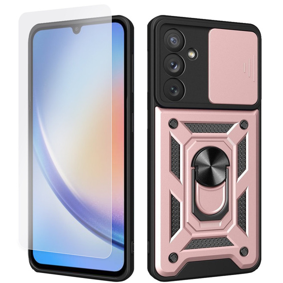Zestaw Etui pancerne do Samsung Galaxy A34 5G, Nox Camera Slide, Różowe rose gold + szkło