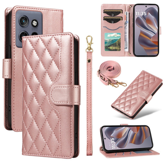Etui z klapką do Motorola Edge 50 Neo / Motorola ThinkPhone 25, Rhombus Crossbody Leather, różowe rose gold