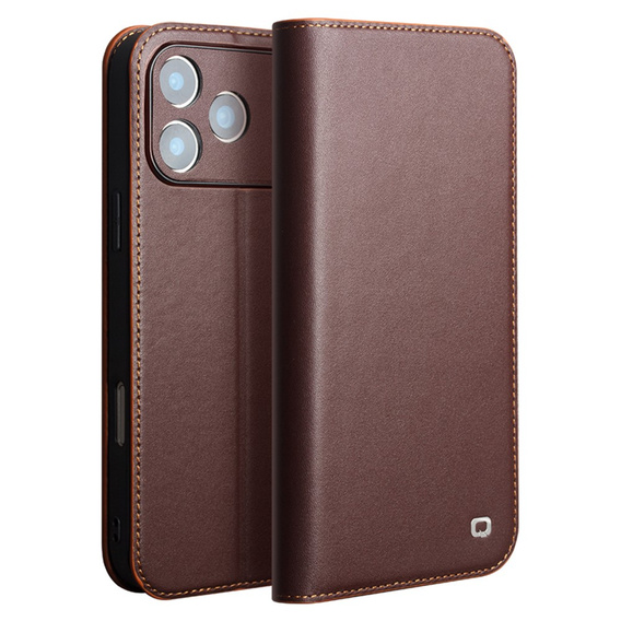 Etui z klapką do iPhone 17 Pro Max, QIALINO skórzane portfelowe - brązowe