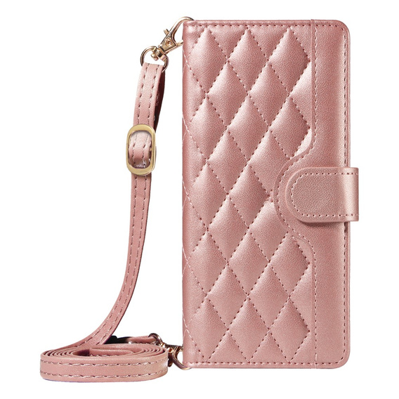 Etui z klapką do Motorola Edge 50 Neo / Motorola ThinkPhone 25, Rhombus Crossbody Leather, różowe rose gold