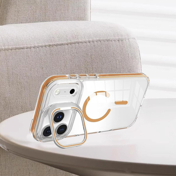 Etui do iPhone 17 Pro Max, do MagSafe, z podstawką, transparentne ze złotymi wstawkami
