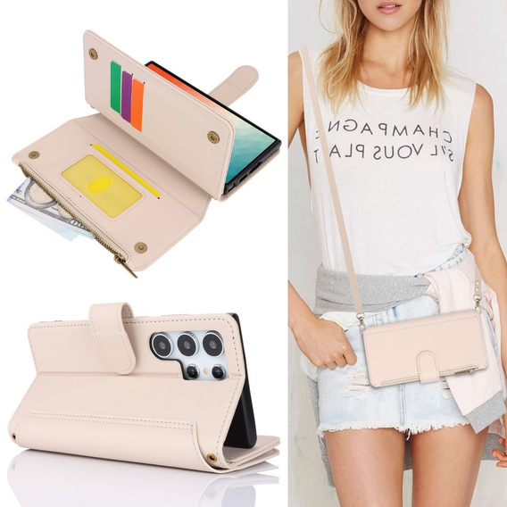Etui z klapką do Samsung Galaxy S24 Ultra, Wallet Zipper Pocket RFID, z paskiem na ramię, białe