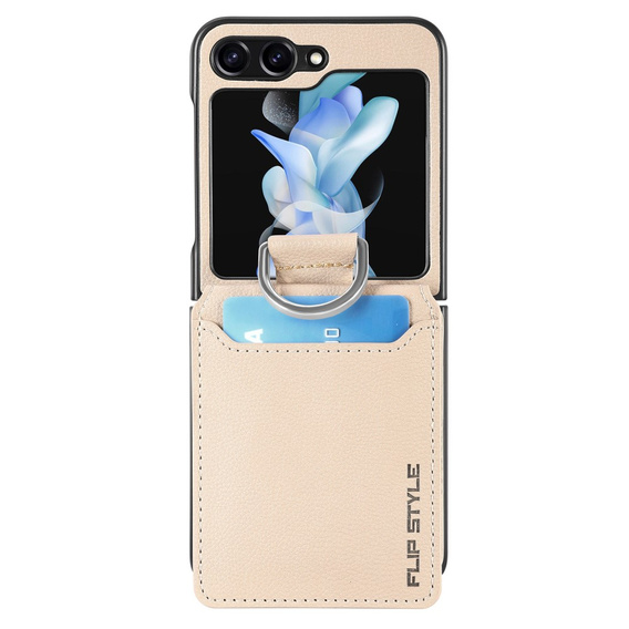 Etui do Samsung Galaxy Z Flip7 FE / Z Flip6, Card Slot Ring Case, beżowe