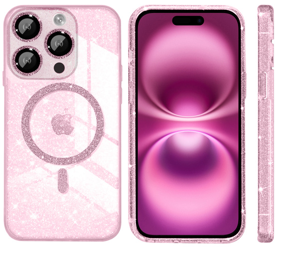 Etui do iPhone 16 Pro Max, ERBORD Glitter MagSafe, różowe + Szkło na ekran