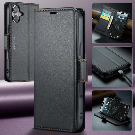 Etui do iPhone 17, ERBORD Glossy Litchi, portfel z klapką, czarne