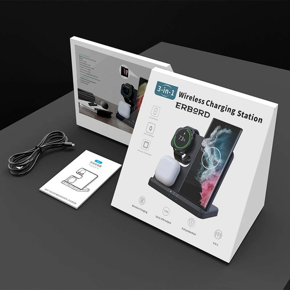 Ładowarka Indukcyjna ERBORD Samsung Trio 3w1 do Smartfona, Galaxy Watch i Galaxy Buds, czarna
