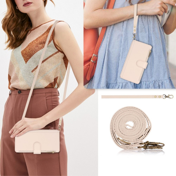 Etui z klapką do Samsung Galaxy S24, Wallet Zipper Pocket RFID, z paskiem na ramię, białe