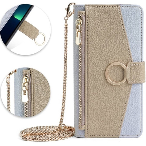 Etui z klapką do iPhone 14, Wallet Zipper Pocket, z lusterkiem, niebieskie