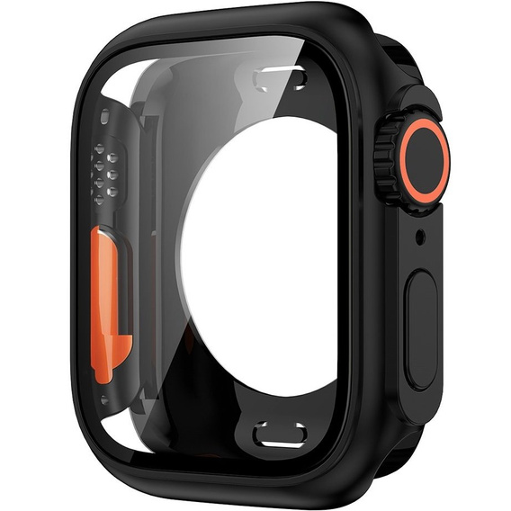 2w1 Pełne Etui + Szkło Hartowane do Apple Watch 7/8/9 41MM, Czarne/Pomarańczowe