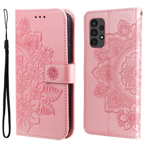 Zestaw Etui z klapką do Samsung Galaxy A13 4G, Mandala i kwiaty, Różowe rose gold + szkło
