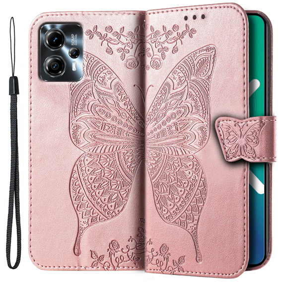 Zestaw Etui do Motorola Moto G23 4G / G13 4G, z klapką portfel, Motyl, Różowe rose gold + szkło