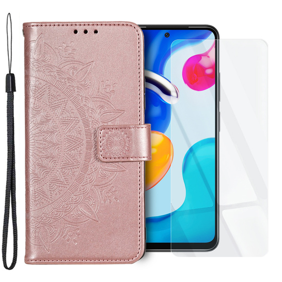 Zestaw Etui z klapką do Xiaomi Redmi Note 11/11S, Mandala, Różowe + szkło