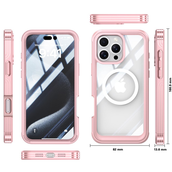 Etui do iPhone 16 Pro Max, Shockproof, ze szkłem, do MagSafe, różowe