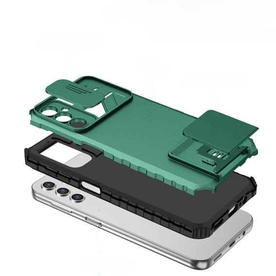 Etui pancerne do Samsung Galaxy A14 4G/5G, Camshield z podstawką, Zielone