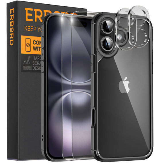 Etui do iPhone 16, ERBORD Hybrid, przezroczyste / czarne + 2x Szkło na ekran + 2x Szkło na aparat