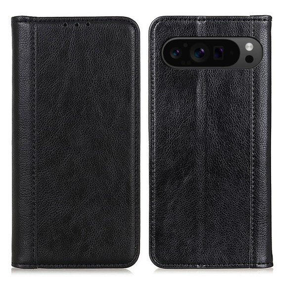 Etui z klapką do Google Pixel 10 Pro XL / 9 Pro XL, z kieszonką, skórzane, czarne
