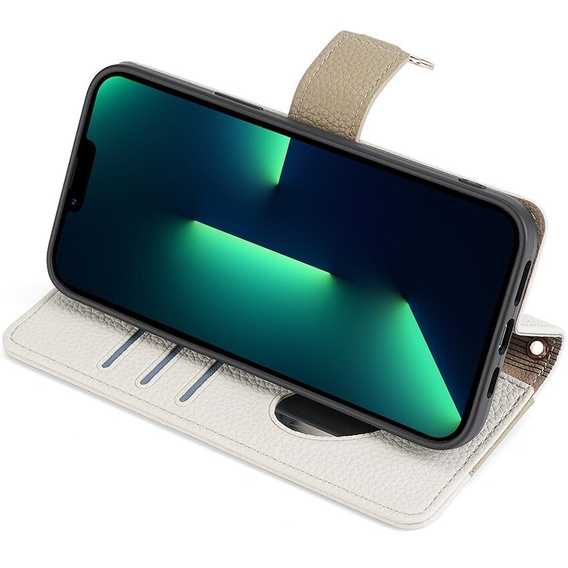 Etui z klapką do iPhone 15 Pro, Wallet Zipper Pocket, z lusterkiem, białe