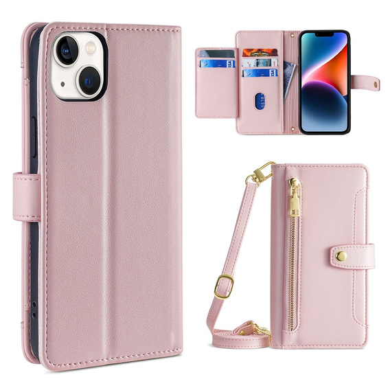 Etui z klapką do iPhone 15, Wallet Zipper Pocket, różowe