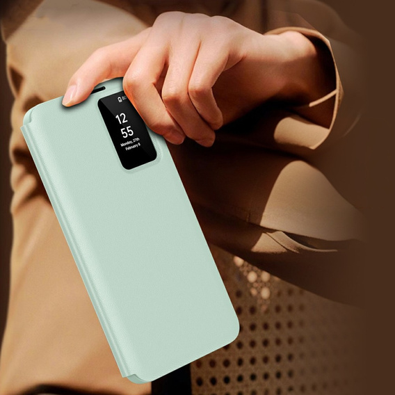 Etui do Samsung Galaxy A56 5G – skórzane z okienkiem Smart View i kieszenią na kartę, zielone