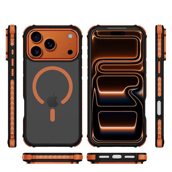 Etui Matt Case do iPhone 17 Pro Max, pancerne, do MagSafe, przydymione z pomarańczowymi bokami