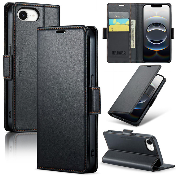 Etui do iPhone 16E, ERBORD Glossy Litchi, portfel z klapką, czarne