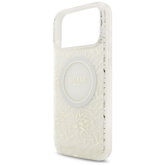Etui Guess IML Flowers Electroplated Allover With Beads Strap, do MagSafe, z paskiem do iPhone 17 Pro Max