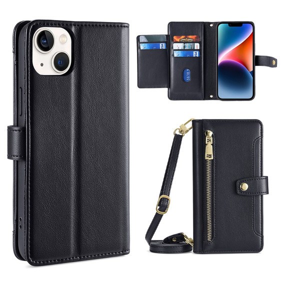 Etui z klapką do iPhone 14, Wallet Zipper Pocket, czarne