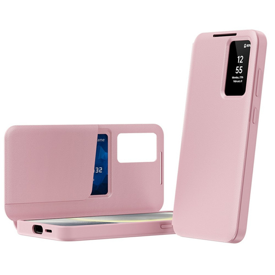 Etui do Samsung Galaxy S25 Edge – skórzane z okienkiem Smart View i kieszenią na kartę, różowe