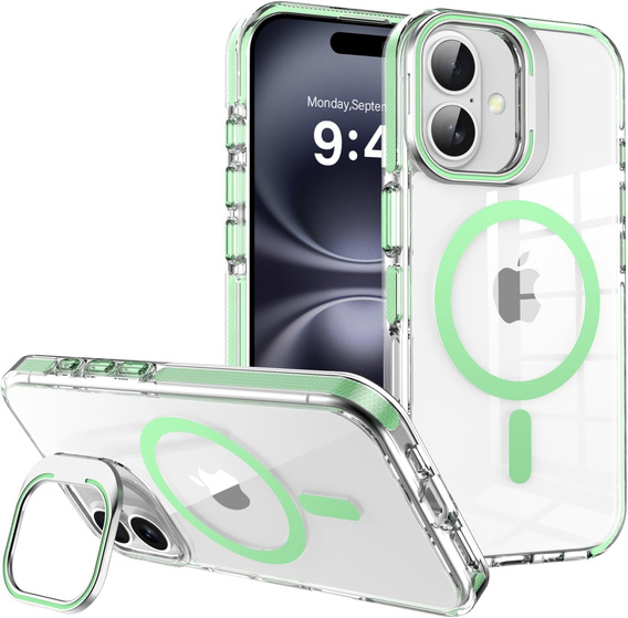 Etui do iPhone 17, do MagSafe, z podstawką, transparentne z zielonymi wstawkami