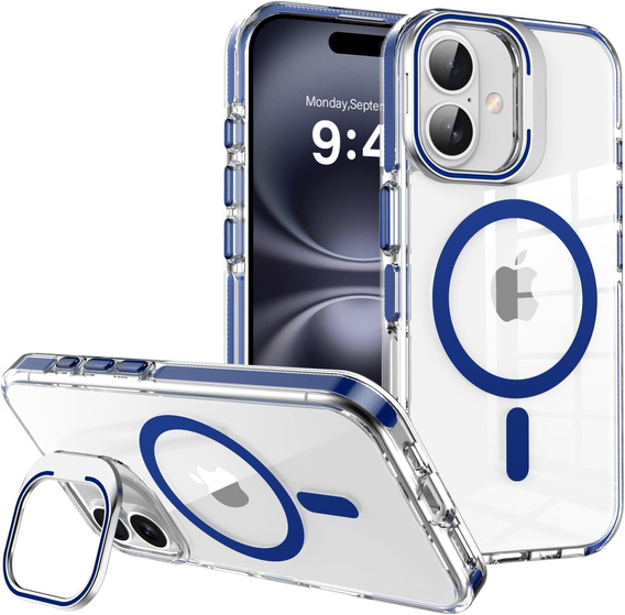 Etui do iPhone 17, do MagSafe, z podstawką, transparentne z granatowymi wstawkami