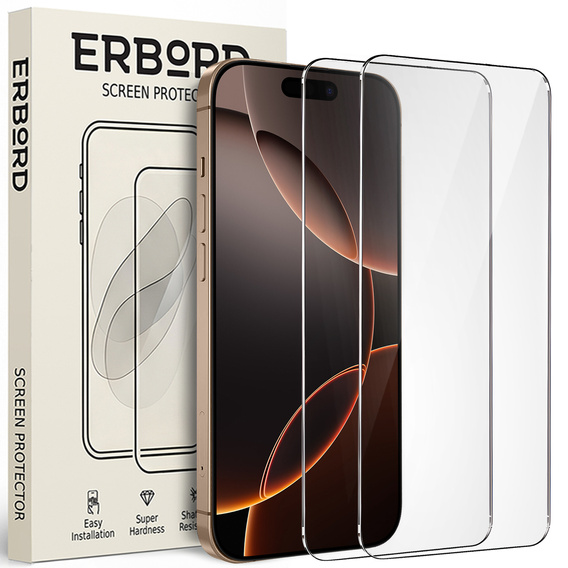 Szkło hartowane ERBORD 9H Hard Glass do iPhone 17 Pro / 17 / 16 Pro – zestaw 2 sztuk